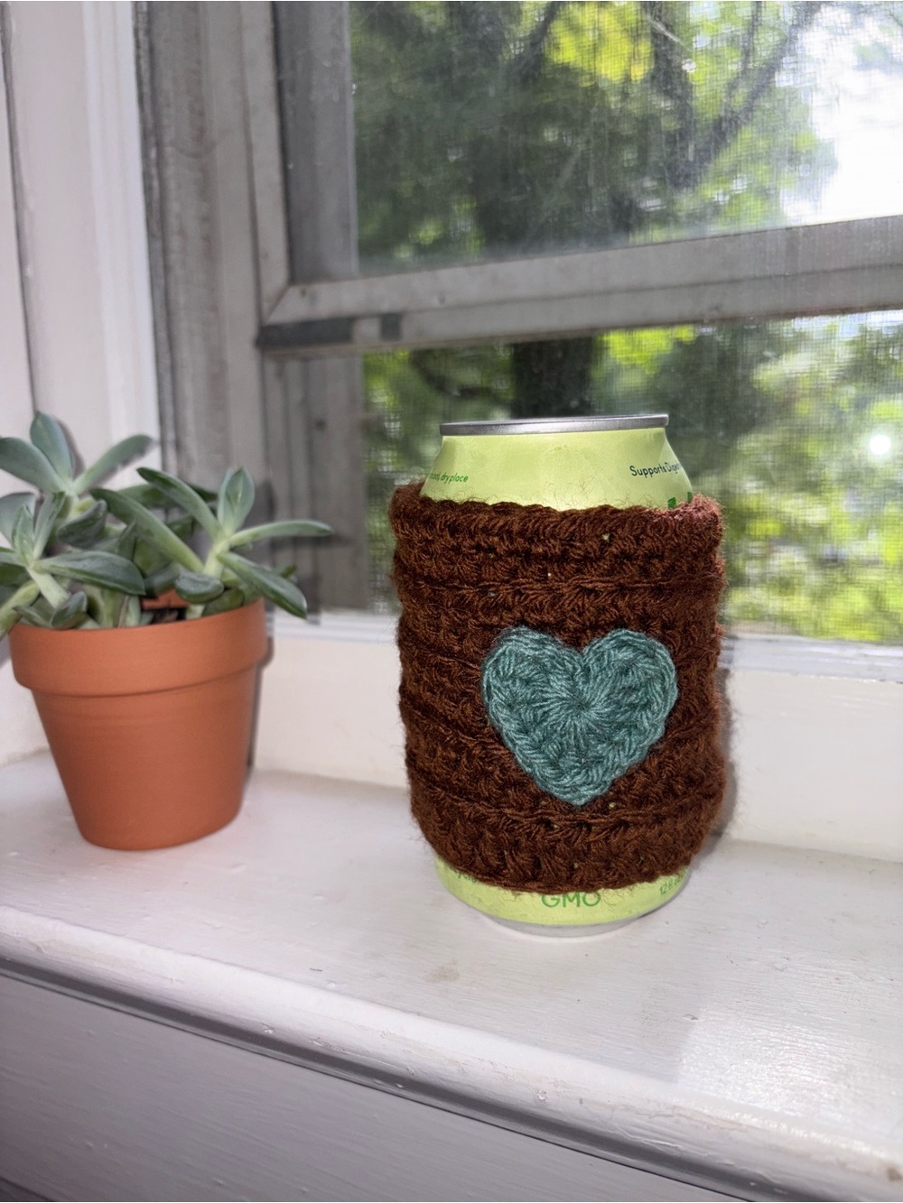 Handmade Crochet Bookmark + Drink Sleeve Set Brown Teal